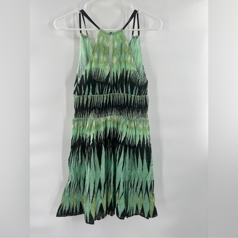 Free People Indian Summer Green Black Ikat Lurex Mini Dress Size S Smocked - Picture 5 of 10